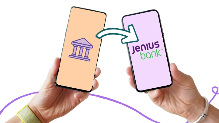 Two mobile phones showing a bank account moving from one institution to another. 
